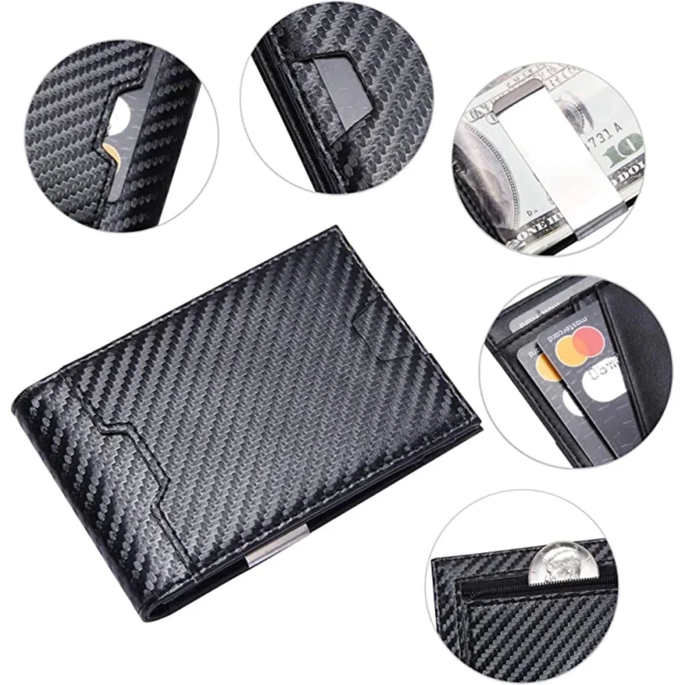 Bifold Wallet with Money Clip Leather Front Pocket RFID Blocking Carbon Fiber